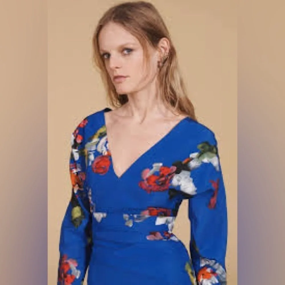ZARA TRAF S/S 24 Hand Dyed Blue Floral Chinoserie Dress Draped Long Sleeve Sz M